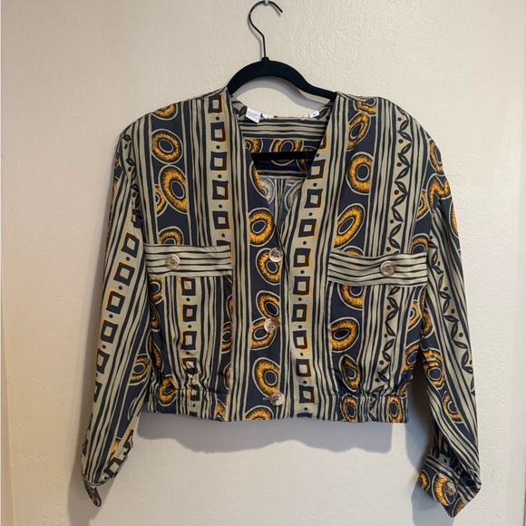 Jackets & Blazers - Vintage Tribal Geometric Bomber Jacket with Button Details, Partial Elastic Band